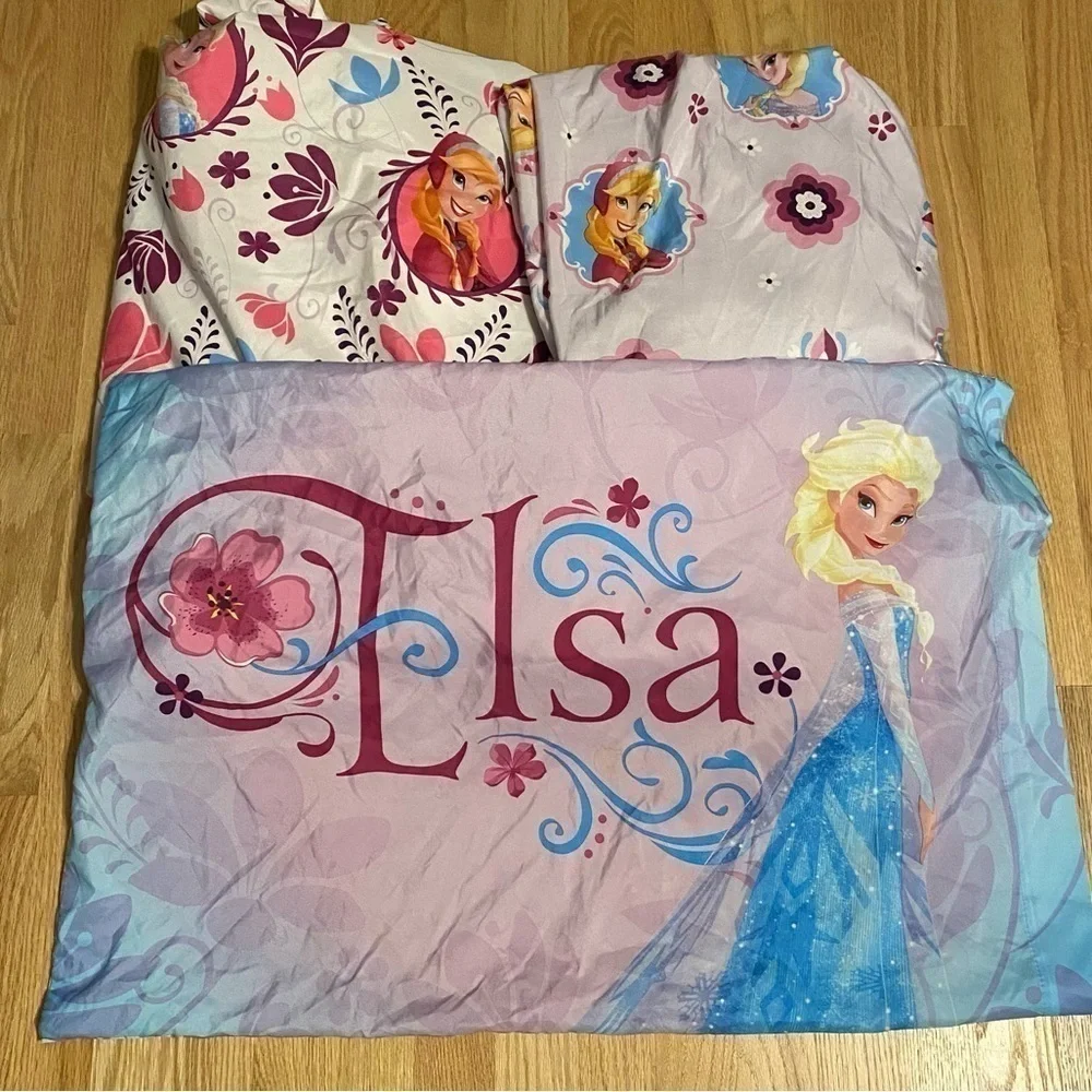 Disney Frozen Twin 2 Fitted Sheet Set W/ Pillow Cases Elsa Anna Purple Blue Pink